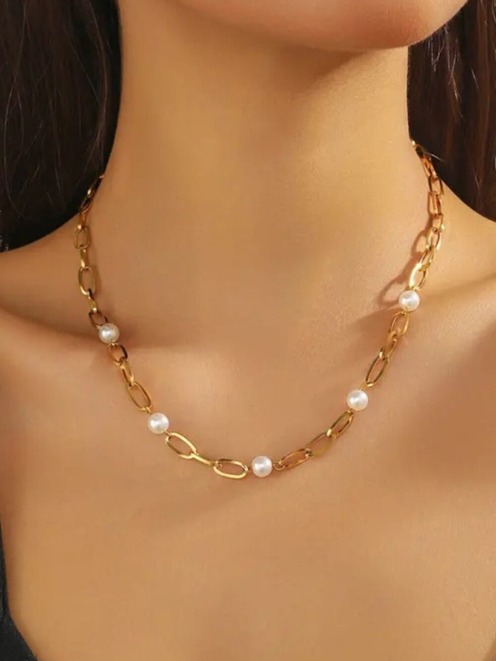 Gold Plated  Pearl Accent Chain Necklace - Women Jewelry